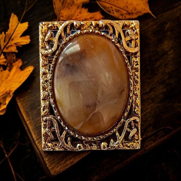 Vintage Agate Jasper Ornate Brooch Pin Pendant Victorian Art Deco Gold Tone - Picture 1 of 16